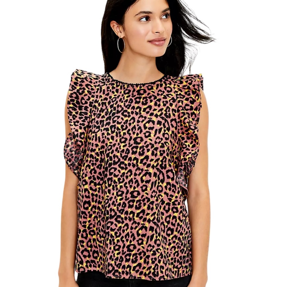 LOFT Leopard Print Cutout Back Ruffle Shell